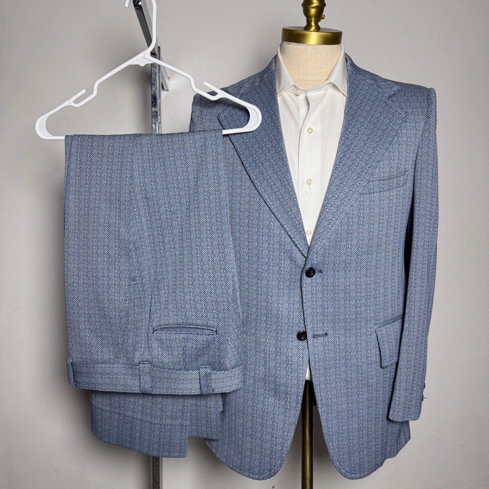 Hart Schaffner Marx Suit Mens 39L W32 Blue Herringbone Vintage 2 Button Wool